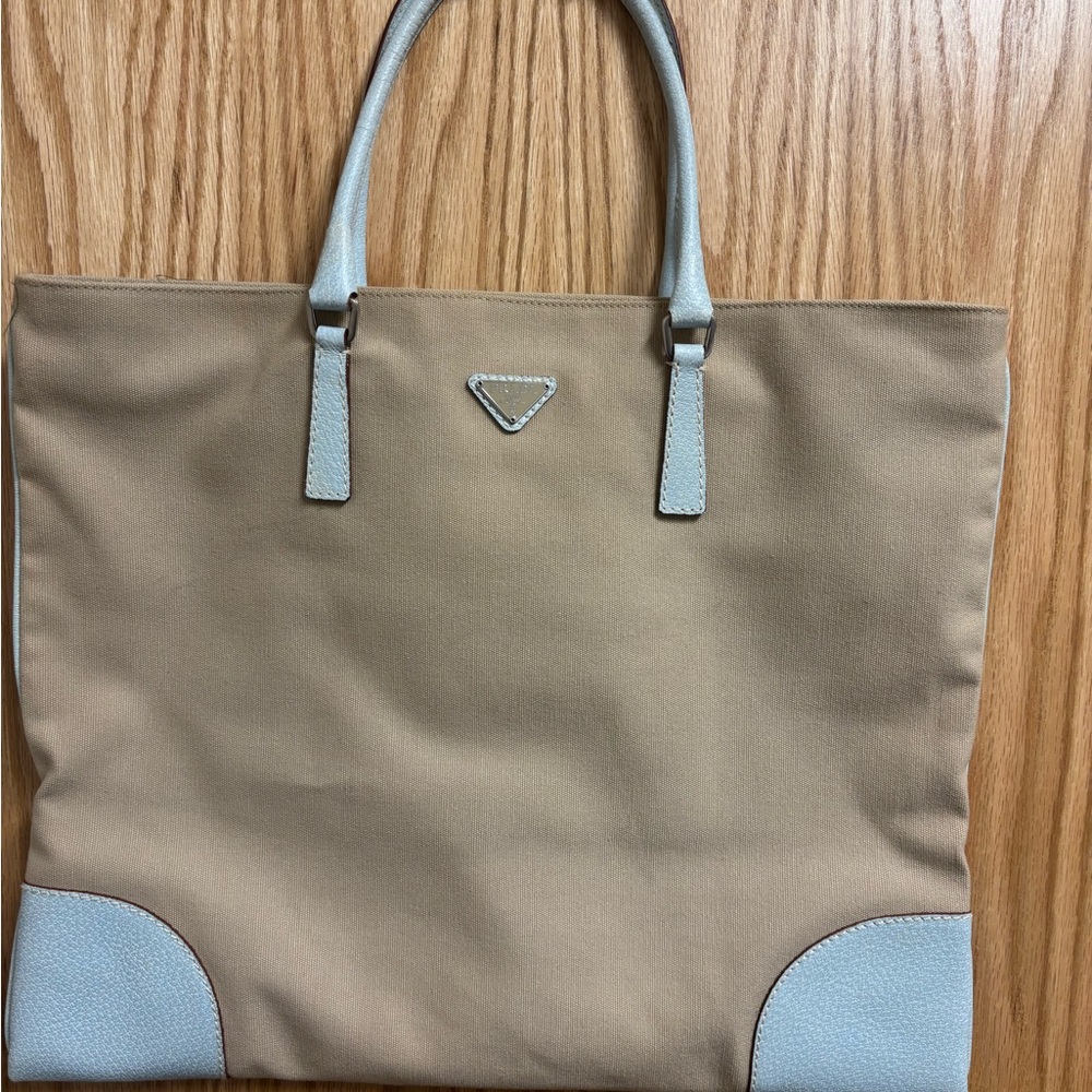 Prada Tan and Blue Tote Bag
